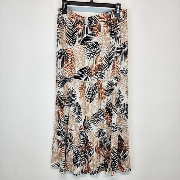 Robert Louis Tropical Print Tiered Maxi Skirt Size L Brown Cottage Academia Vaca - Picture 1 of 7